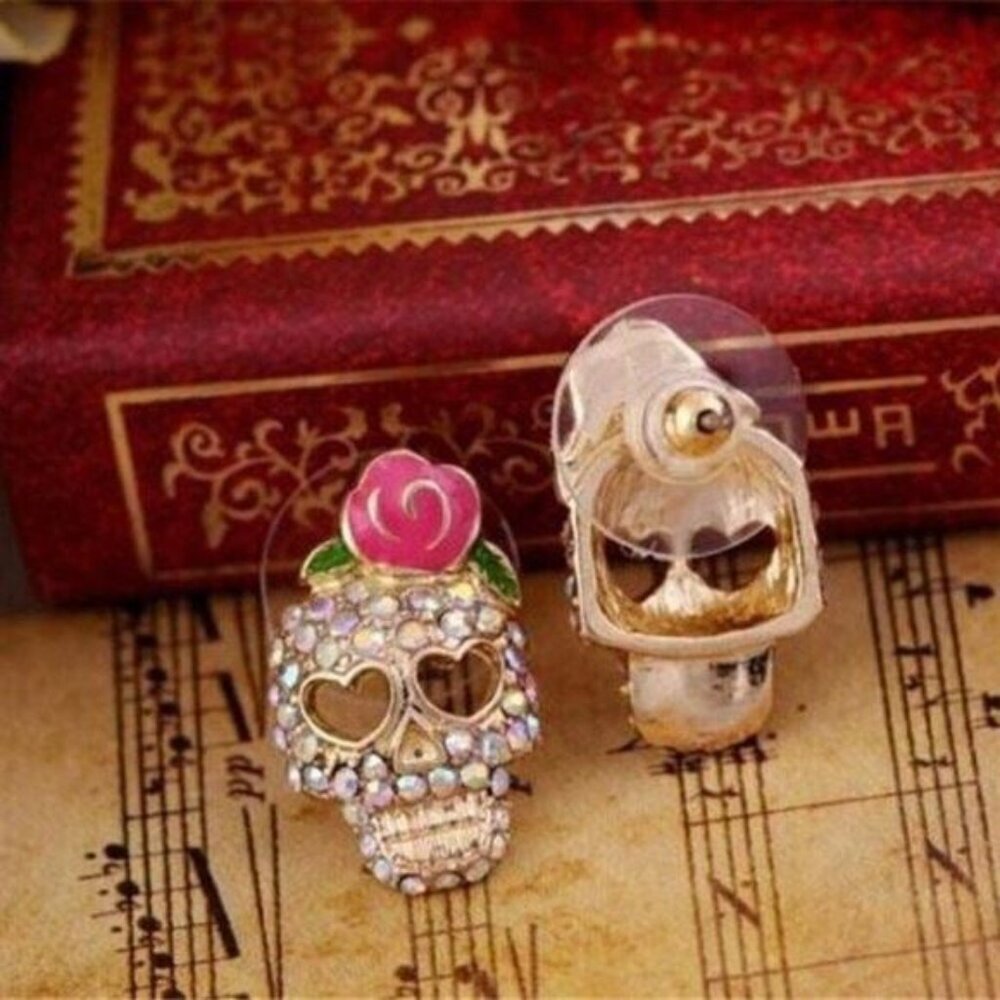 Day of the Dead Sugar Skull Rhinestone Enamel Earrings - Picture 3 of 4